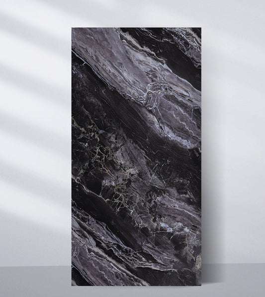 Dark gray marble PVC wall panel with natural veining, waterproof luxury marble sheet finish