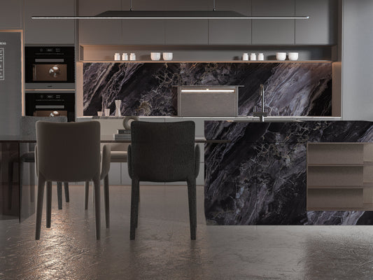 Modern kitchen backsplash featuring dark marble PVC wall panels with dramatic veining, waterproof luxury marble finish