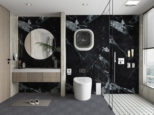 Modern bathroom with black marble PVC wall panels featuring white veining, waterproof shower and vanity walls