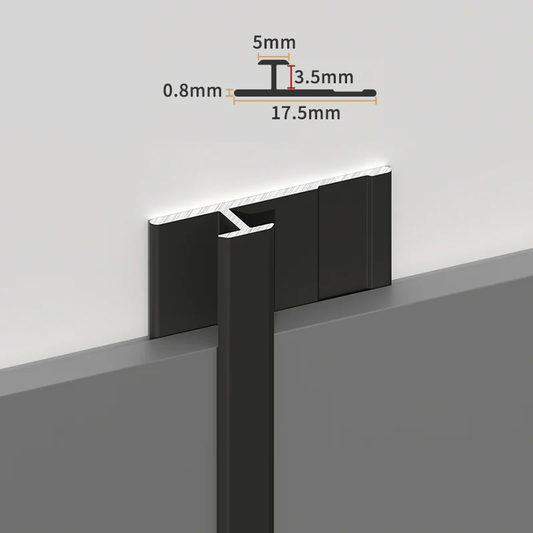 Black aluminum H-joint trim installation rendering with labeled 17.5 mm width and profile dimensions