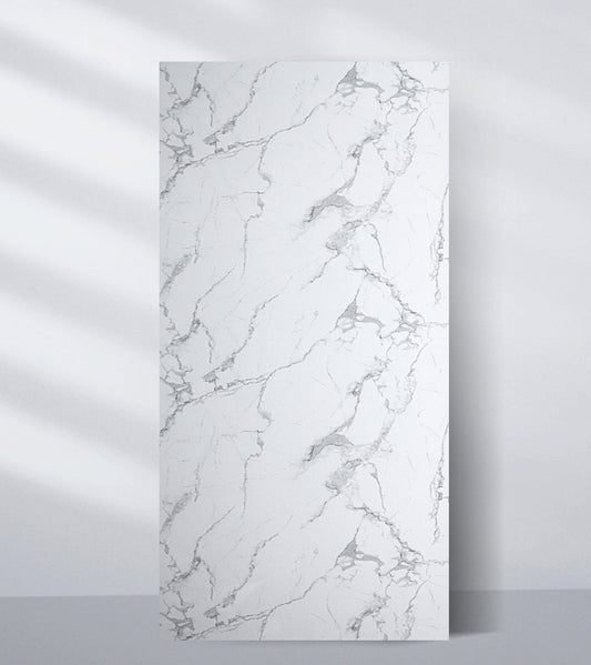 White marble PVC wall panel with soft gray veining, waterproof 4x8 ft decorative wall panel for modern interiors