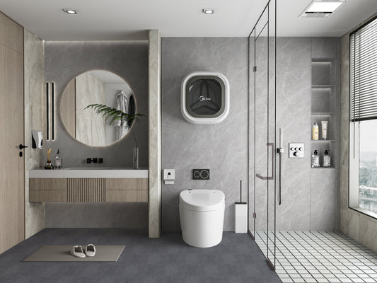 Modern bathroom interior with light gray PVC marble wall panels featuring subtle stone texture