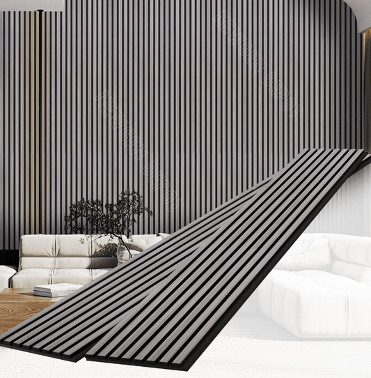 Black acoustic wood slat wall panel installed in modern living room