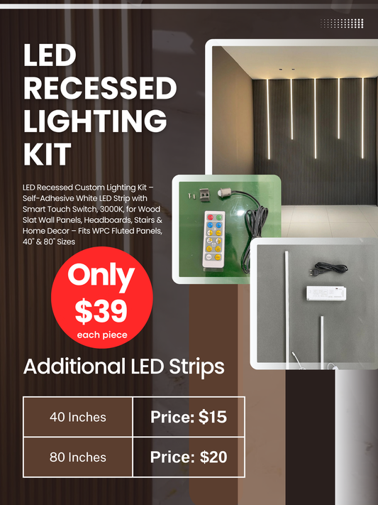 LED recessed lighting kit with vertical LED strip lights for fluted wall panels, including smart switch, power driver, and accessories, designed for modern interior accent and wall lighting installation