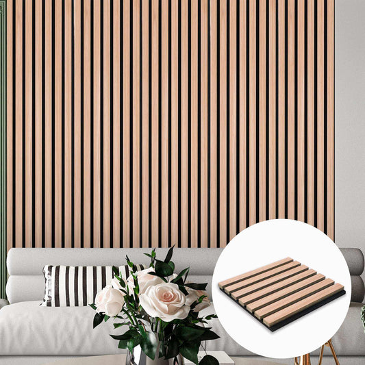 Light oak acoustic wood slat wall panels installed in modern living room interior