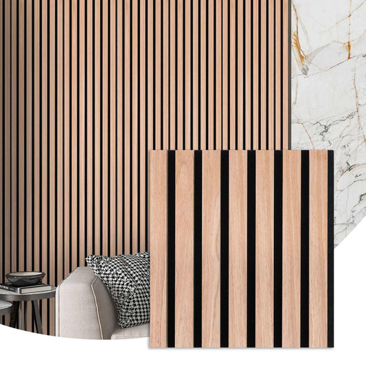 Light oak acoustic wood slat wall panels with close-up texture and modern interior installation