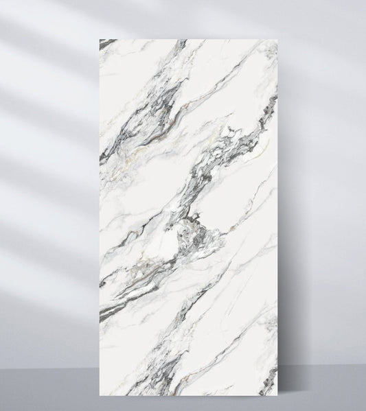 Luxury white marble sheet wall panel with gray veining, polished marble-look decorative panel for modern interiors