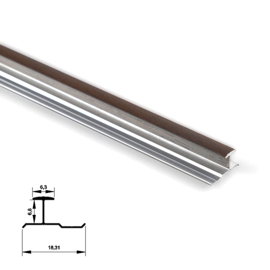 Angled dark brown wood-look aluminum H-joint trim with 6.3mm profile diagram