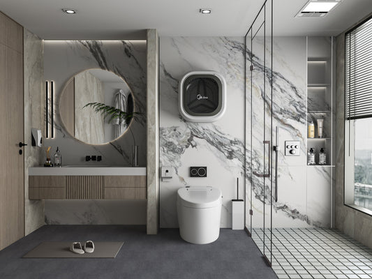 Luxury marble bathroom wall panels with gray veining, modern shower and vanity design using marble-look sheets