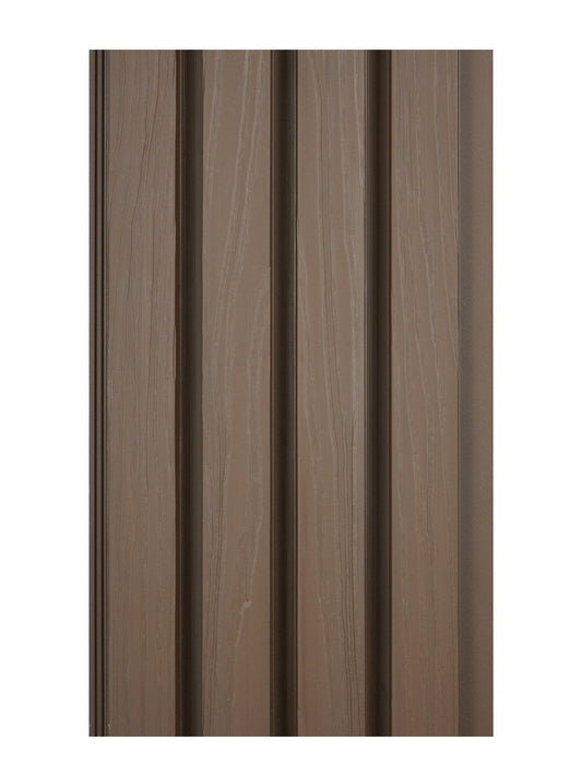 Brown composite fluted wall cladding with realistic wood-grain texture for exterior siding