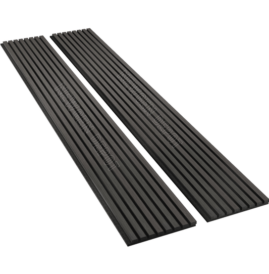 Black acoustic wood slat wall panels with sound absorbing backing on white background