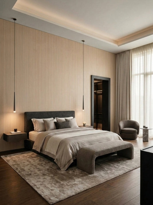 Nordic birch wood veneer panels with pale vertical grain covering a modern bedroom feature wall