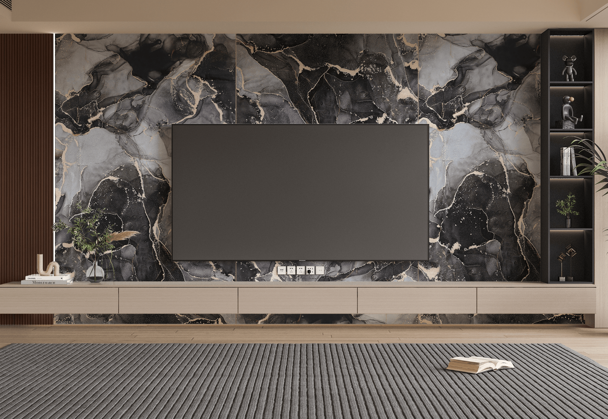 PVC 3D MARBLE SHEET GOLDEN ONYX. Wall Panels Hub. Living room with PVC Marble sheets design