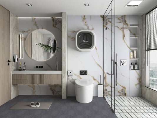 Modern bathroom interior with white PVC marble wall panels featuring gold veining