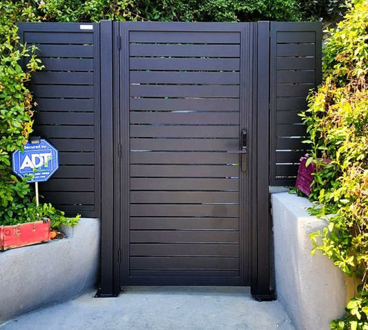 Modern black aluminum slat fence gate with horizontal privacy panels