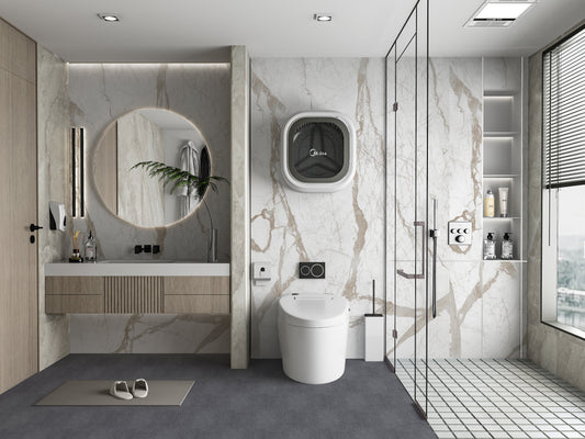 Luxury bathroom with white marble wall panels featuring soft gold veining and modern glass shower