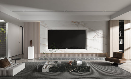 Modern living room TV feature wall with luxury marble veneer panels and seamless veining design