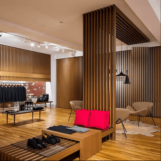 Wooden louvers room divider interior design