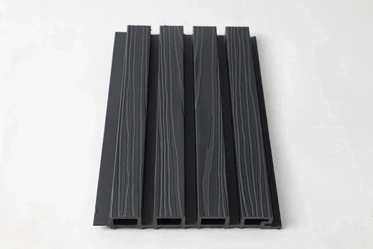 Black composite wide exterior cladding panels with wood-grain texture for modern outdoor wall siding