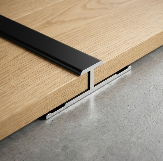 Black aluminum alloy H trim joining two wood-look panels over a concrete surface