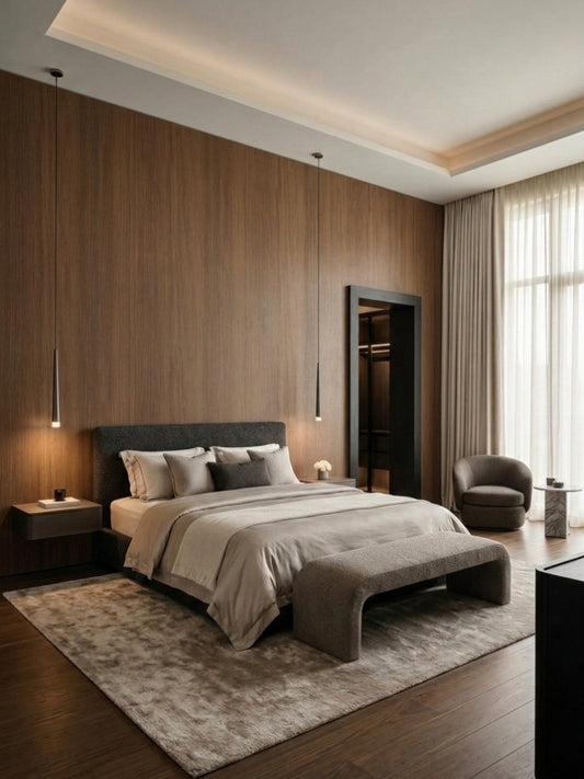 Walnut wood veneer panels covering a floor-to-ceiling bedroom accent wall behind a modern upholstered bed