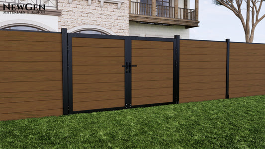 Wood-look composite privacy fence with double swing gate and black aluminum posts