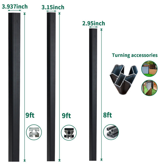 Comparison of fence and gate posts showing 9 ft and 8 ft height options, post widths, and adjustable corner accessories for composite and aluminum fencing