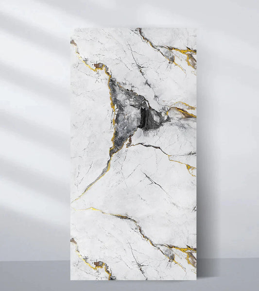White PVC marble wall panel with gray stone pattern and fine gold veining for modern interiors