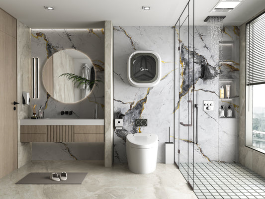 Modern bathroom interior with white PVC marble wall panels featuring gray stone texture and gold veining