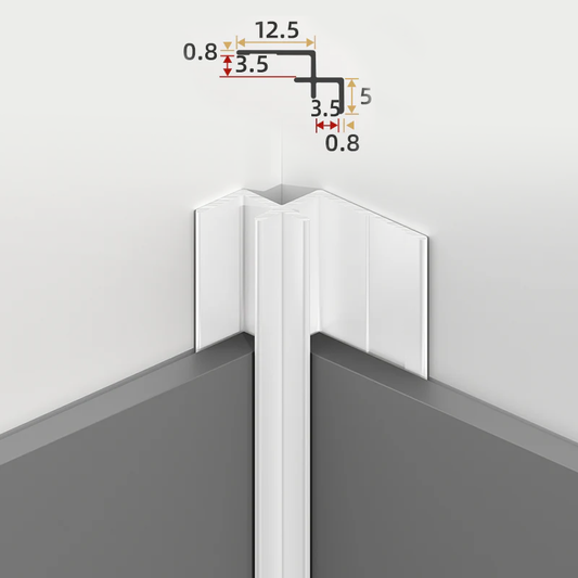 White 3mm aluminum inside corner trim installed between PVC wall panels with profile diagram