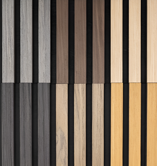 Wood wall panel color samples showing multiple natural wood finishes and tones for interior wall design