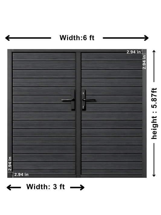 6x6 aluminum fence gate dimension diagram showing 6 ft width, 5.87 ft height, and two 3 ft panels
