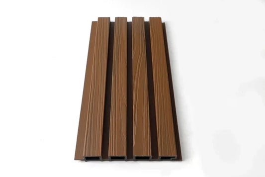 Brown composite cladding boards with wood grain texture for modern exterior wall cladding and siding installation