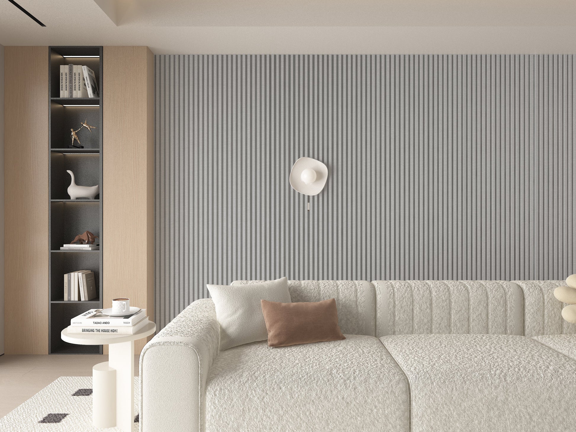 White linen WPC Fluted 3D Wall Panels. Wall Panels Hub. Living Room Design With WPC Fluted Wall Panels