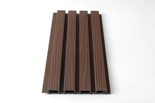 Brown composite wide exterior cladding panels with wood-grain texture for modern wall siding