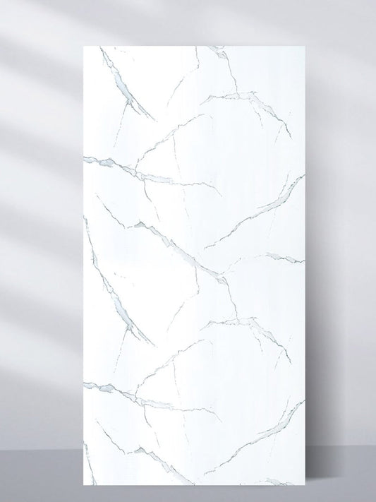 White Gray Pearl Marble PVC wall panel with fine gray veining, shown upright in a 4 x 8 ft sheet