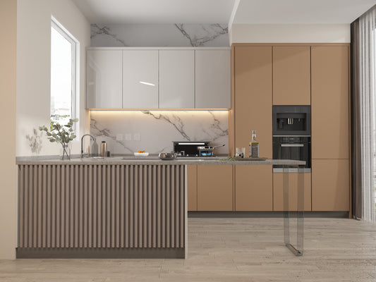 Modern kitchen island featuring carbon gray WPC fluted 3D wall panel cladding with marble backsplash