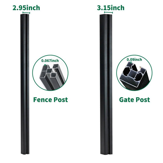 Comparison of fence post vs gate post showing width and wall thickness differences for composite and aluminum fencing systems