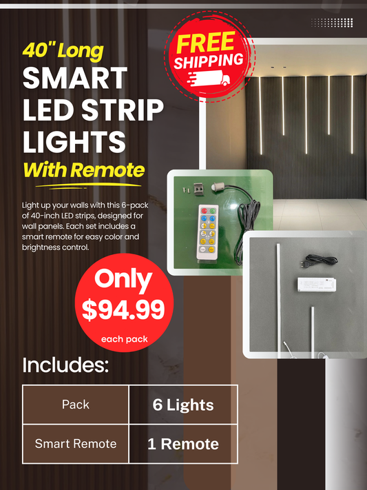 40-inch smart LED strip lights with remote control, 6-pack wall panel lighting kit featuring vertical LED bars, color and brightness control, free shipping, and $94.99 price display