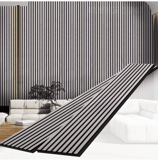Gray acoustic wood slat wall panel installed in modern living room interior