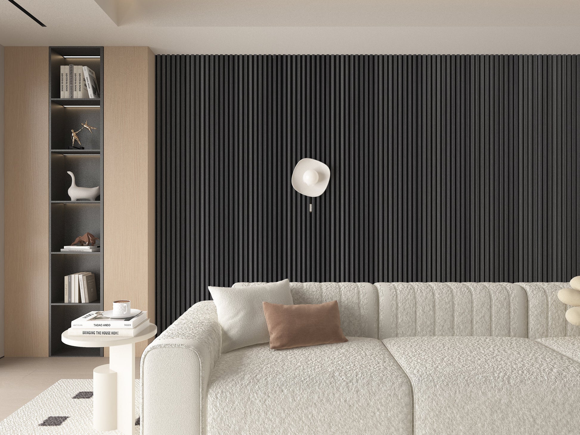 Carborn Gray WPC Fluted 3D Wall Panels. Wall Panels Hub. Living Room Design With WPC Fluted Wall Panels