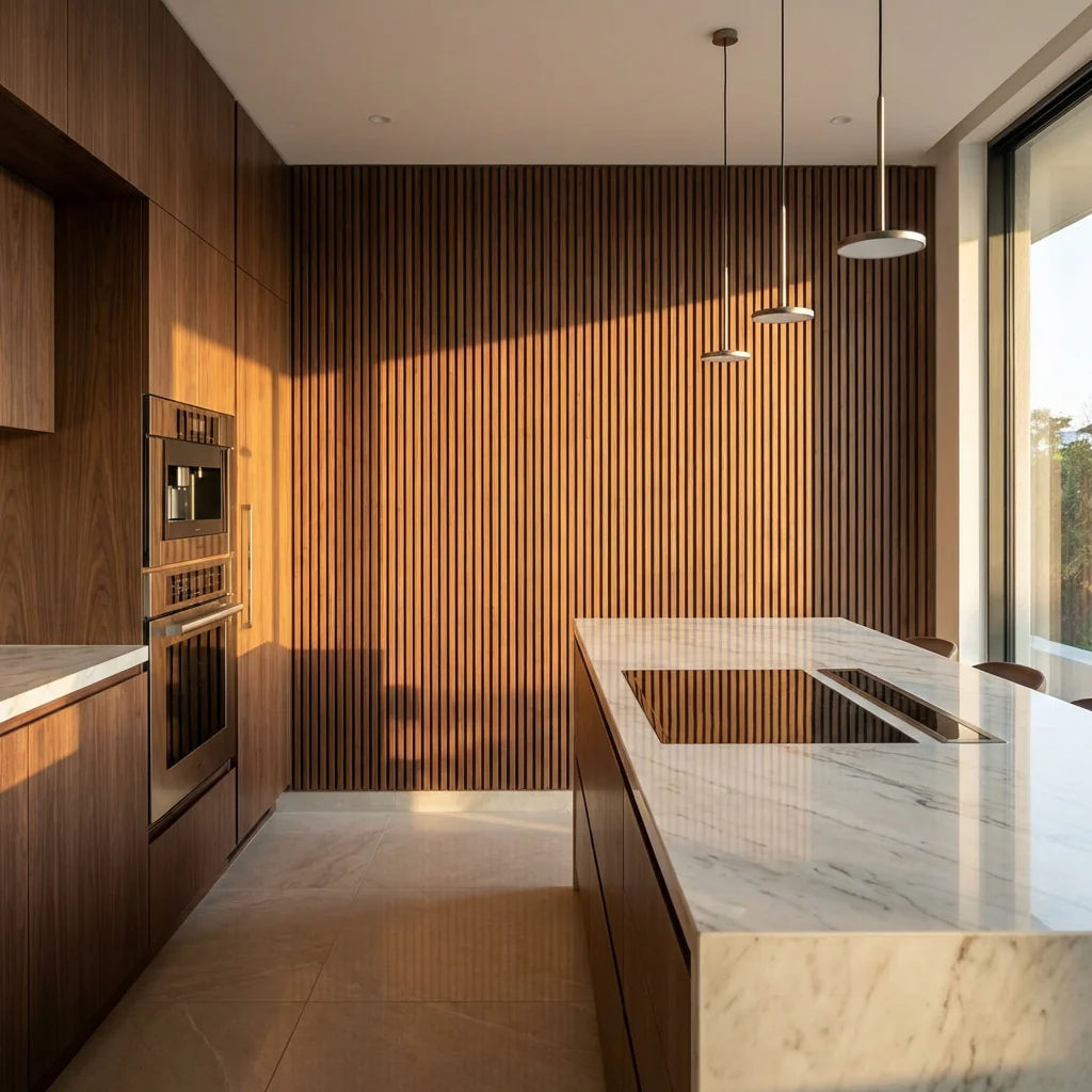 Premium 3-sided walnut veneer detail on acoustic wall panel