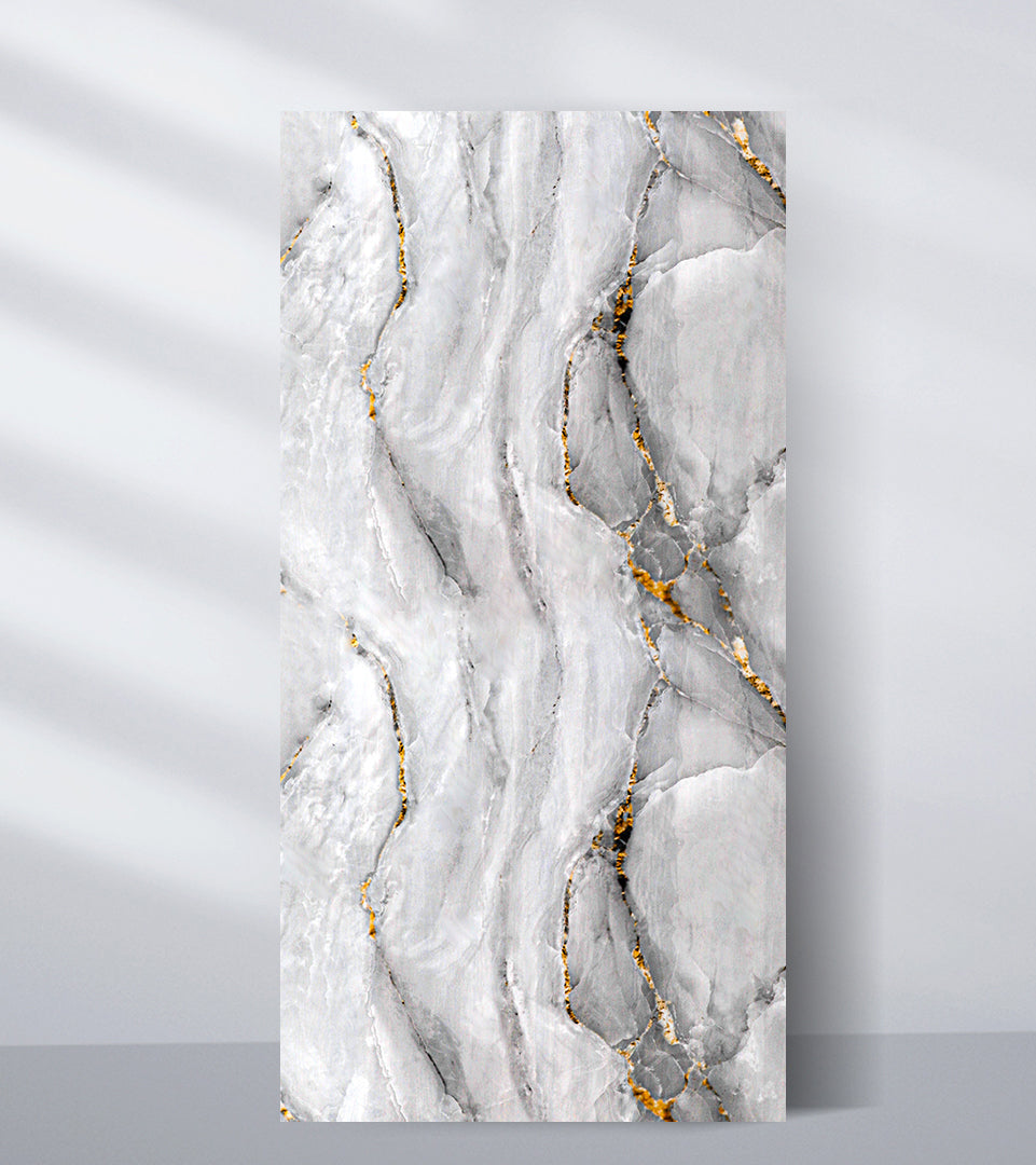 Light gray marble wall panel with soft stone texture and gold veining design