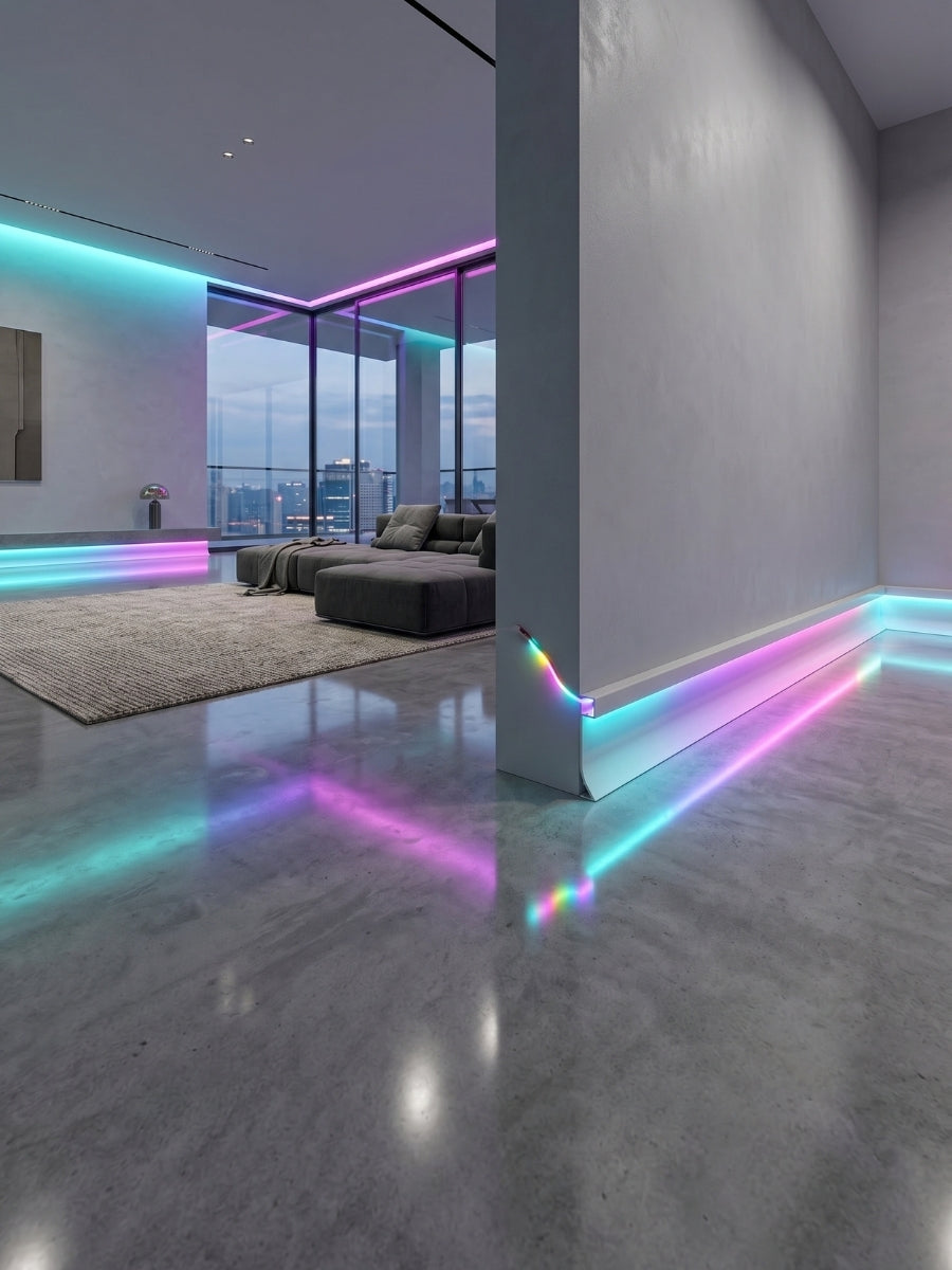 White LED Baseboard Molding Installed in Modern Living Room