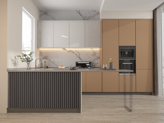 Oak Gray WPC Fluted 3D Wall Panels. Wall Panels Hub. Kitchen Design From WPC Fluted Wall Panels