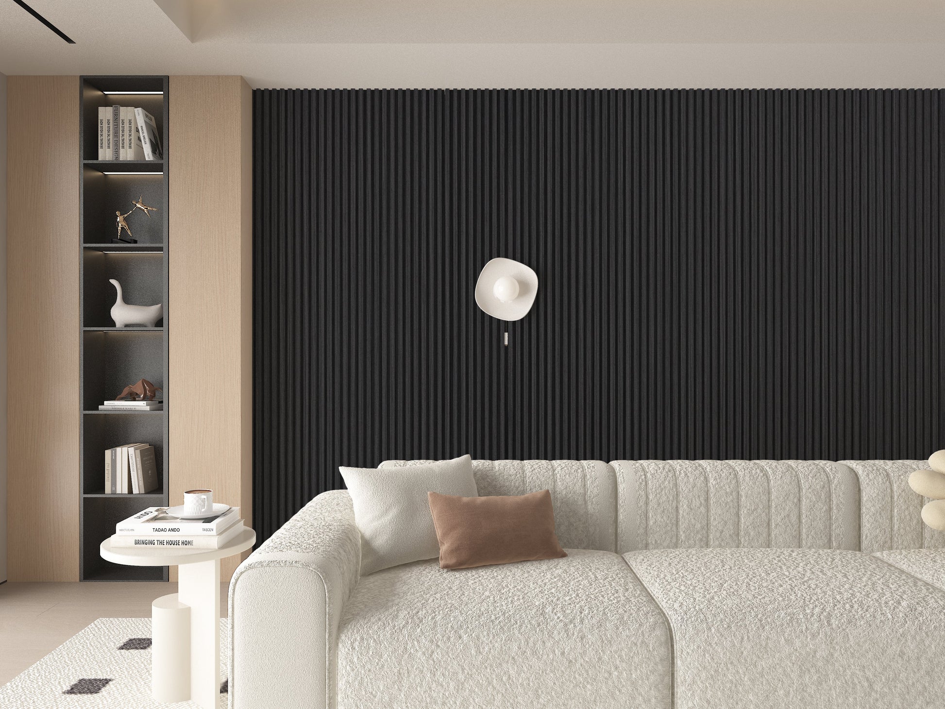 Black Timber WPC Fluted 3D Wall Panels. Wall Panels Hub. Living Room Design With WPC Fluted Wall Panels