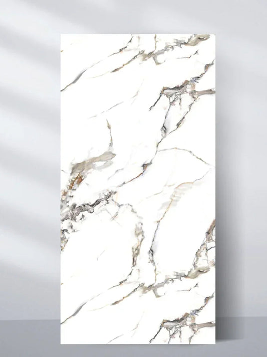 4x8 ft Beige Ibiza PVC marble sheet with a white base and flowing gray, black and beige veining