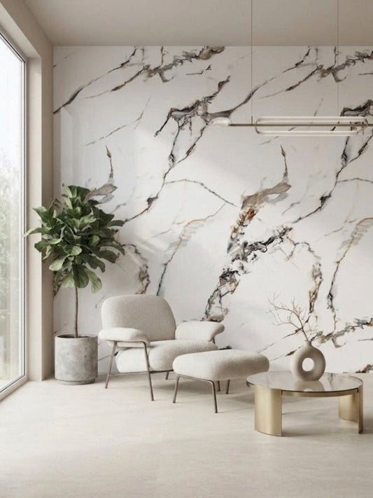 Beige Ibiza PVC marble sheets installed as a veined feature wall in a modern sitting area