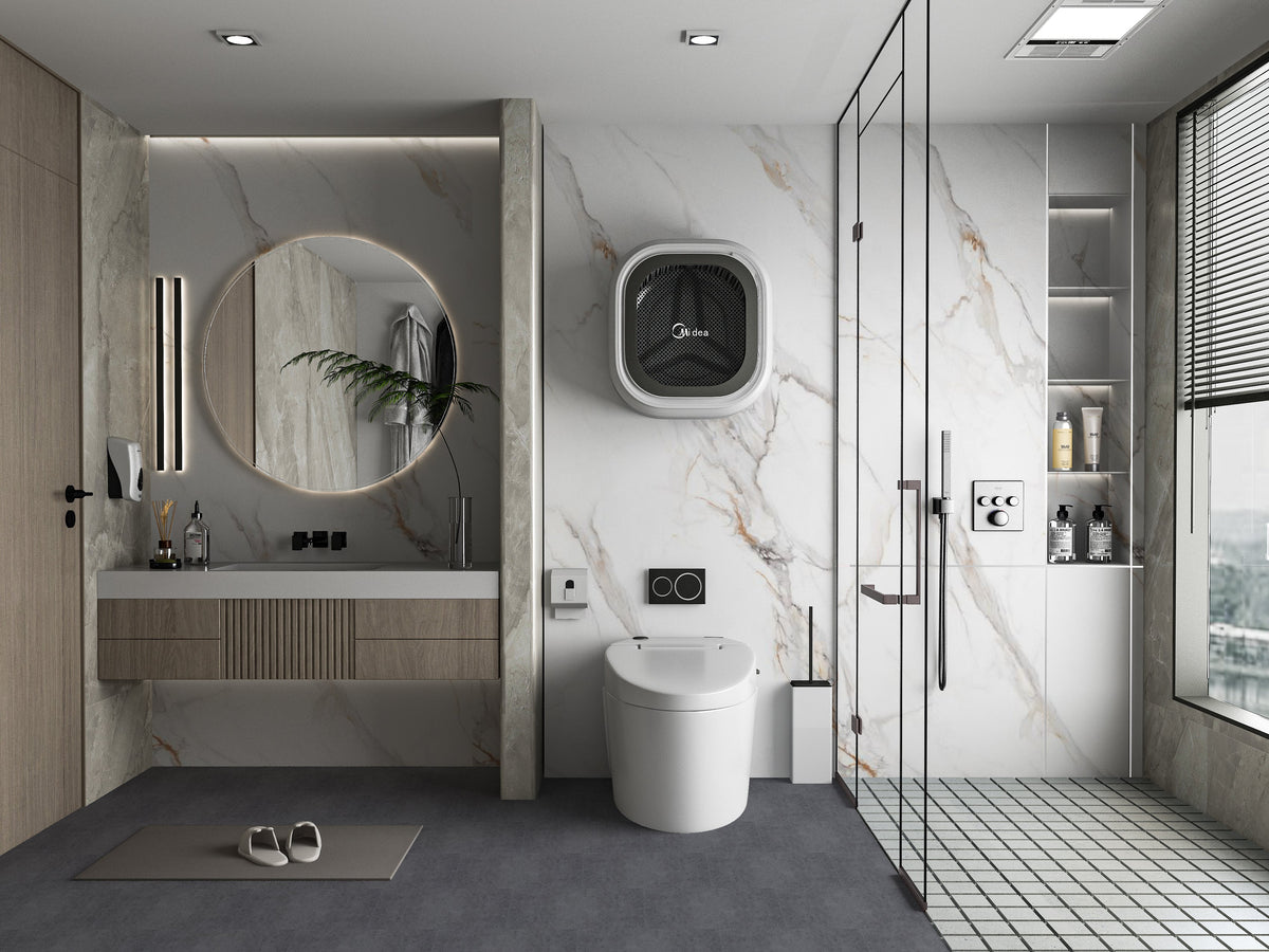 Modern bathroom with 3D White Wave Azure PVC marble sheets installed around the vanity, toilet, and glass shower