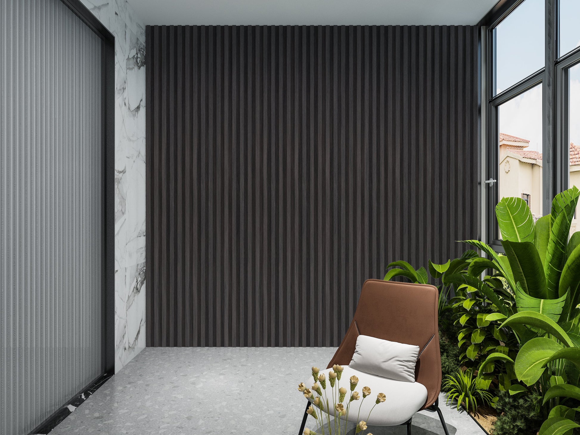 Dark Smoky Oak WPC Fluted 3D Wall Panels. Wall Panels Hub. Balcony Design With WPC Fluted Wall Panels